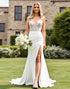 Lace Ivory V Neck Ruched Mermaid Wedding Dress with Slit
