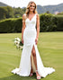 Simple Ivory Satin Mermaid V Neck Weddding Dress with Slit
