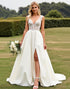 Ivory V-Neck A Line Lace Wedding Dress With Slit