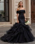 Black Off The Shoulder Ruffles Tiered Mermaid Wedding Dress