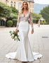 Ivory V-Neck Appliques Lace Mermaid Wedding Dress with Long Sleeves
