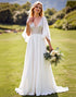 Ivory Deep V Neck Backless Lace Wedding Dress with Flutter Sleeves