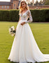 Ivory V-Neck Lace Appliques A Line Wedding Dress with Long Sleeves