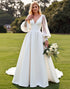 Ivory V-Neck A Line Wedding Dress with Long Sleeves