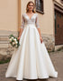 A Line Ivory Lace Appliqued Half Sleeves Wedding Dress