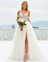 Lace Ivory Spaghetti Straps Tulle A Line Wedding Dress with Slit