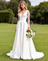 White Long Sleeves Appliqued Satin A Line Wedding Dress