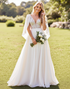Ivory A Line V-Neck Cape Chiffon Lace Wedding Dress