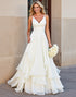 Ivory A Line V Neck Tiered Long Wedding Dress with Ruffles