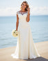 Ivory Stretch Satin Lace A Line Boat Neck Wedding Dress