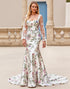 Ivory Flower Long Sleeves Printed Mermaid Long Wedding Dress
