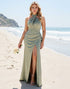 Halter Olive Mermaid Bridesmaid Dress with Slit