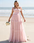 A Line Candy Pink Tulle Bridesmaid Dress with Slit
