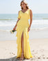 Daffodil V-Neck Sheath Ruffled Bridesmaid Dress with Slit