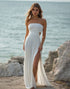 Strapless White A Line Pleated Beach Dress with Slit