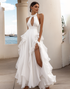 White A-Line Halter Ruffle Long Formal Dress with High Slit
