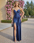 Satin Navy Ruched Formal Dress with Slit