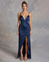 Navy Satin Sheath Ruched Formal Dress with Slit