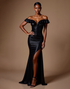 Sparkly Off the Shoulder Mermaid Black Tie Dress with Slit