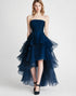 Strapless Navy A Line Ruffled High-Low Formal Dress