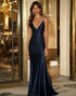 Satin Mermaid Spaghetti Straps Navy Formal Dress