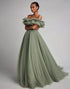 Off the Shoulder Dusty Sage A Line Ruffled Wedding Guest Dress