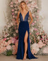 Sparkly Dark Blue V-Neck Formal Dress with Slit