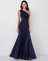 One Shoulder Navy Pleated Formal Dress
