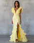 Mermaid Ruffled Yellow Formal Dress with Slit