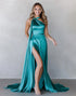 Halter Satin Peacock Blue Prom Dress with Slit