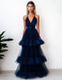 Halter A Line Tiered Navy Formal Dress