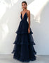 Navy Spaghetti Straps A Line Tulle Tiered Formal Dress
