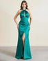 Halter Satin Green Formal Dress with Slit
