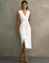 White Satin V-Neck Formal Dress with Belt