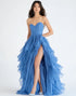 Strapless Ruffled Blue Prom Dress with Slit