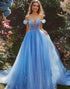 Off The Shoulder Blue A Line Prom Dress with Appliques