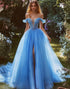 Off The Shoulder Blue A Line Prom Dress with Appliques