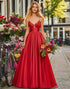 Red Spaghetti Straps Satin Prom Dress with Hollow-Out