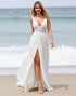 A Line Chiffon Appliqued White Wedding Dress with Slit