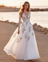 A Line White V-Neck Floral Wedding Dress