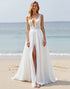 A Line Lace White Wedding Dress with Slit
