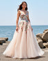 A Line Floral Tulle Blush Wedding Dress