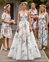 A Line Flower Printed Court Train White Wedding Dress