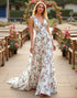 A Line Floral V-Neck Sweep Train White Wedding Dress