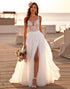 A Line White Lace Wedding Dress with Slit