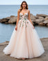 Blush A Line Spaghetti Straps Floral Tulle Wedding Dress