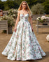 Strapless A Line Sweep Train Floral White Wedding Dress