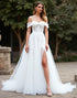 Off the Shoulder White A Line Tulle Wedding Dressn with Slit