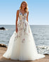 White Tulle A Line Sweep Train Floral Wedding Dress