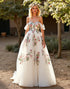 Off the Shoulder A Line Floral Sweep Train White Wedding Dress